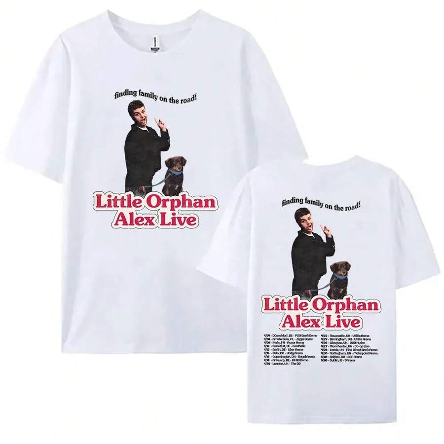 Camiseta de la gira europea de Little Orphan Alex Live 2026, , "Finding Family on The Road", camisetas de algodón de manga corta. - Blanco - Ver 1