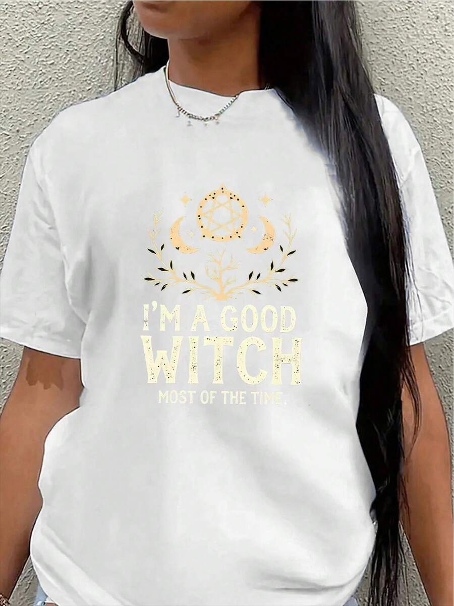 Camiseta de manga corta, ligera y resistente, estampada con las palabras "La mayoría del tiempo soy una buena bruja". Perfecta para descansar en casa o para fiestas, y también se puede usar para Halloween.blusa casual mujer - Blanco - Ver 1