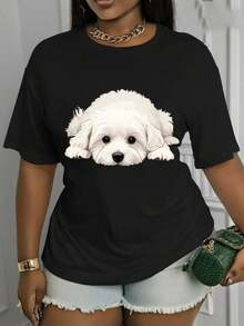 Suave, transpirable y ligera para comodidad durante todo el día. Camiseta casual de manga corta para mujer, diseño de cuello redondo, con estampado de cachorro - material de elasticidad media, lavable a máquina, un artículo imprescindible para todas las estaciones. El corte holgado proporciona comodidad diaria, elegante y versátil, perfecta para uso casual. Cuello redondo clásico con un ajuste relajado que favorece todas las formas del cuerpo y es fácil de combinar con jeans, shorts y leggings. - Negro - Ver 1