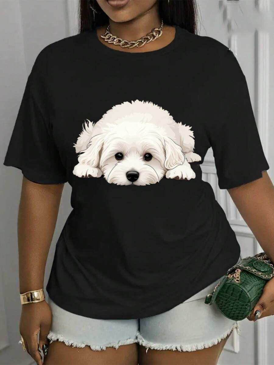 Suave, transpirable y ligera para comodidad durante todo el día. Camiseta casual de manga corta para mujer, diseño de cuello redondo, con estampado de cachorro - material de elasticidad media, lavable a máquina, un artículo imprescindible para todas las estaciones. El corte holgado proporciona comodidad diaria, elegante y versátil, perfecta para uso casual. Cuello redondo clásico con un ajuste relajado que favorece todas las formas del cuerpo y es fácil de combinar con jeans, shorts y leggings. - Negro - Ver 1