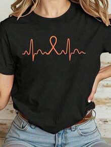 Camiseta Casual 100% Algodón para Mujer con Estampado de Corazón, Utero y Lazo Color Durazno, para Concientización sobre el Cáncer de Endometrio - Negro - Ver 7