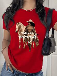 Camiseta con Estampado Gráfico de Vaquera y Caballo, 180g, 1 Pieza, Frase Inspiradora, Camiseta Casual para Mujer, 100% Algodón, Estilo Western - Rojo - Ver 9