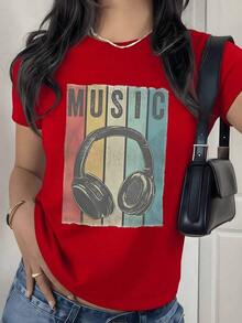 Camiseta con Estampado Gráfico de Auriculares Retro, 180g, 1 Pieza, Estilo Vintage para Conciertos, Camiseta Casual de Mujer 100% Algodón, Estilo Streetwear - Rojo - Ver 9