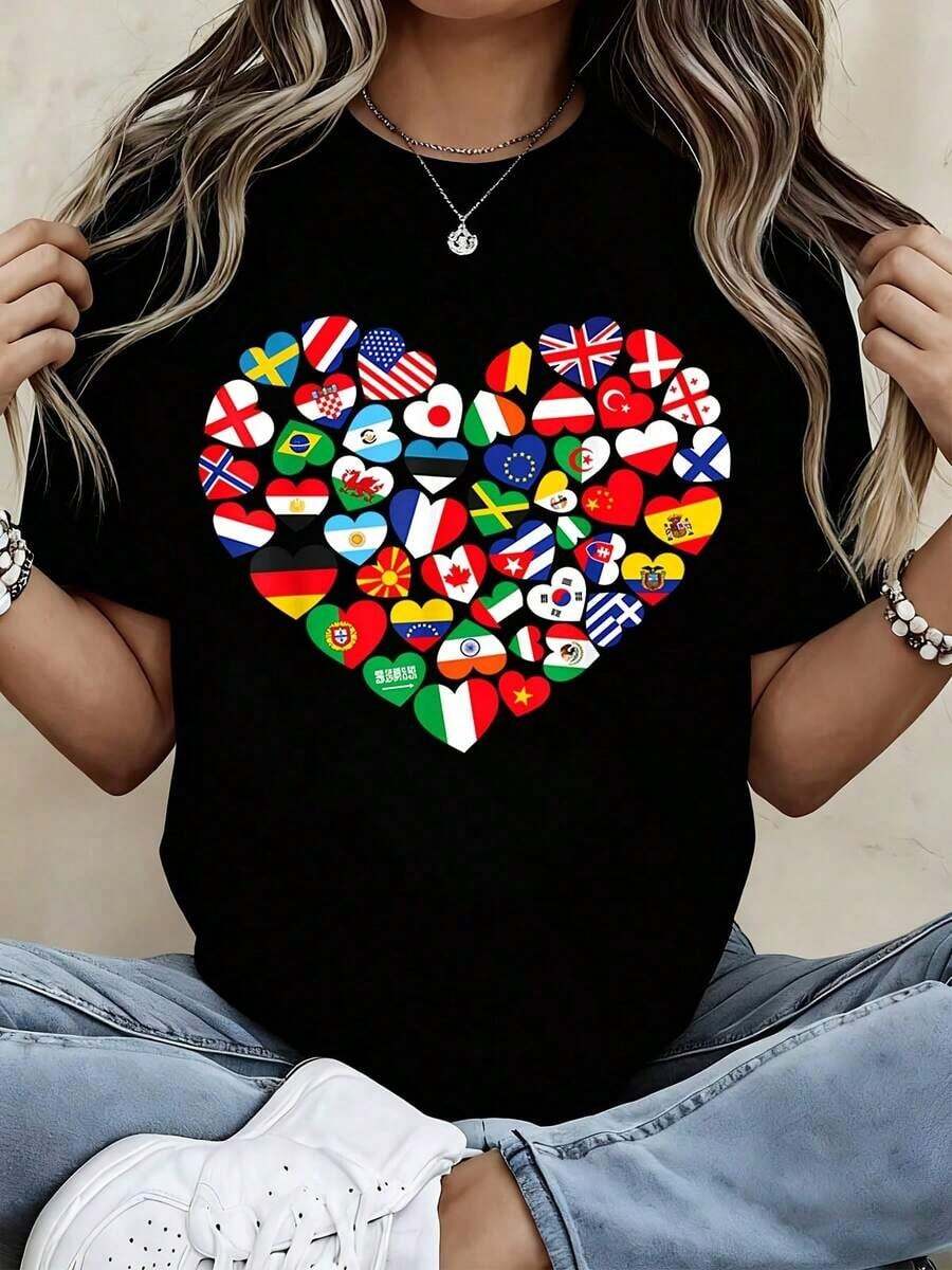 Camiseta con Estampado de Bandera y Corazón para Uso Casual y Deportivo - Estilo Urbano Vintage Unisex, Camiseta de Manga Corta de Algodón 100% con Cuello Redondo - Negro - Ver 1
