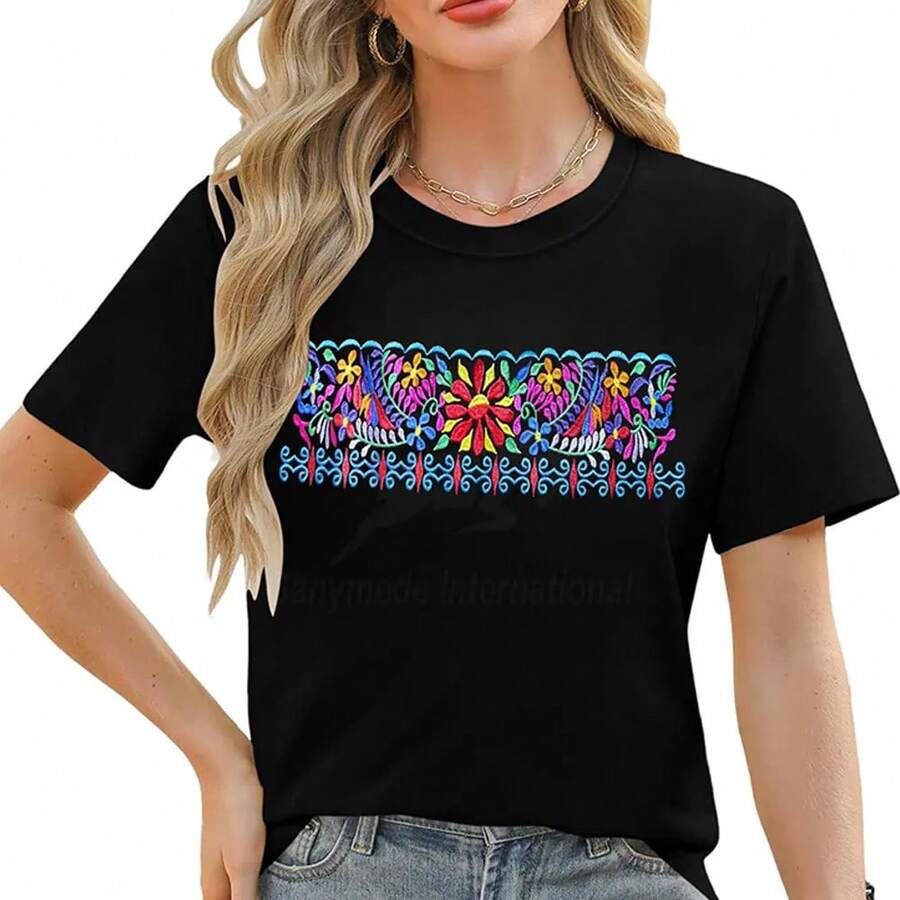 Camiseta de algodón suave, cómoda y holgada para uso casual, de alta calidad, con bordado, para mujer, ideal para el trabajo, el verano y el uso diario, de secado rápido, transpirable y personalizable. - Negro - Ver 1