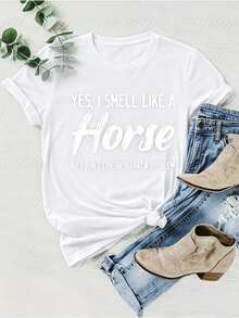 [1pc]Sí, huelo a caballo. No, no creo que eso sea un problema.   Camiseta casual para mujer con estampado digital creativo, cuello redondo, manga cort - Blanco - Ver 5
