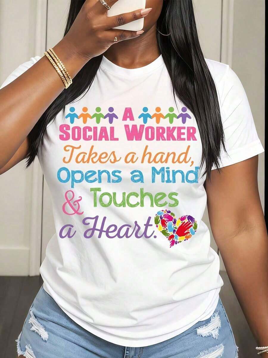 Camiseta de Mujer: Trabajador Social Toma una Mano, Abre una Mente y Toca un Corazón. Diseño Colorido con Iconos de Personas y Corazón para Trabajadores Sociales y Defensores de la Salud Mental. - Blanco - Ver 1