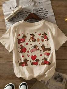 Camiseta de Verano Nueva, Moderna, Versátil, Minimalista, con Estampado de Corazones de Cachorro, Cuello Redondo, Manga Corta, Casual, para Mujer - Albaricoque - Ver 4