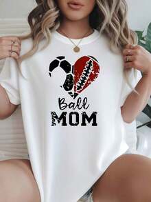 Camiseta de Mujer Casual de Cuello Redondo y Manga Corta, Opciones en Blanco y Negro, Estampado Gráfico de Corazón y Balón de Rugby para Mamá, Camisetas Deportivas, Tops de Verano, Camisetas Gráficas, Conjuntos de Verano para Mujer, Camisetas Cortas para Mujer, Tops Vintage de Algodón, Ropa Linda para Mujer, Playera Holgada para Mujer - Blanco - Ver 1