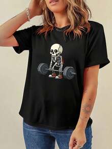Camiseta Casual de Algodón Grueso de 180g para Mujer Payeah, Diseño "Little Skeleton Loves Fitness", 100% Algodón, Impresión Digital (1 Pieza) - Negro - Ver 9