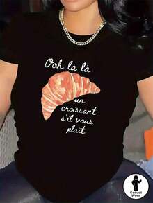 Women's Cotton T-Shirts. Polyester T-Shirt With Croissant Design, For Cafes And Restaurants, Durable And Lightweight, Perfect For Everyday Wear, Comfortable Fabric, Stylish And Modern Top For Women's Casual Outfits. >Clothing - 黑色 - 查看 2
