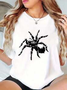 Playeras de mujer de algodón. Una elegante camiseta de manga corta para mujer con un gráfico minimalista de una araña, perfecta para ropa deportiva informal y conjuntos cómodos de verano durante las vacaciones. - Blanco - Ver 7