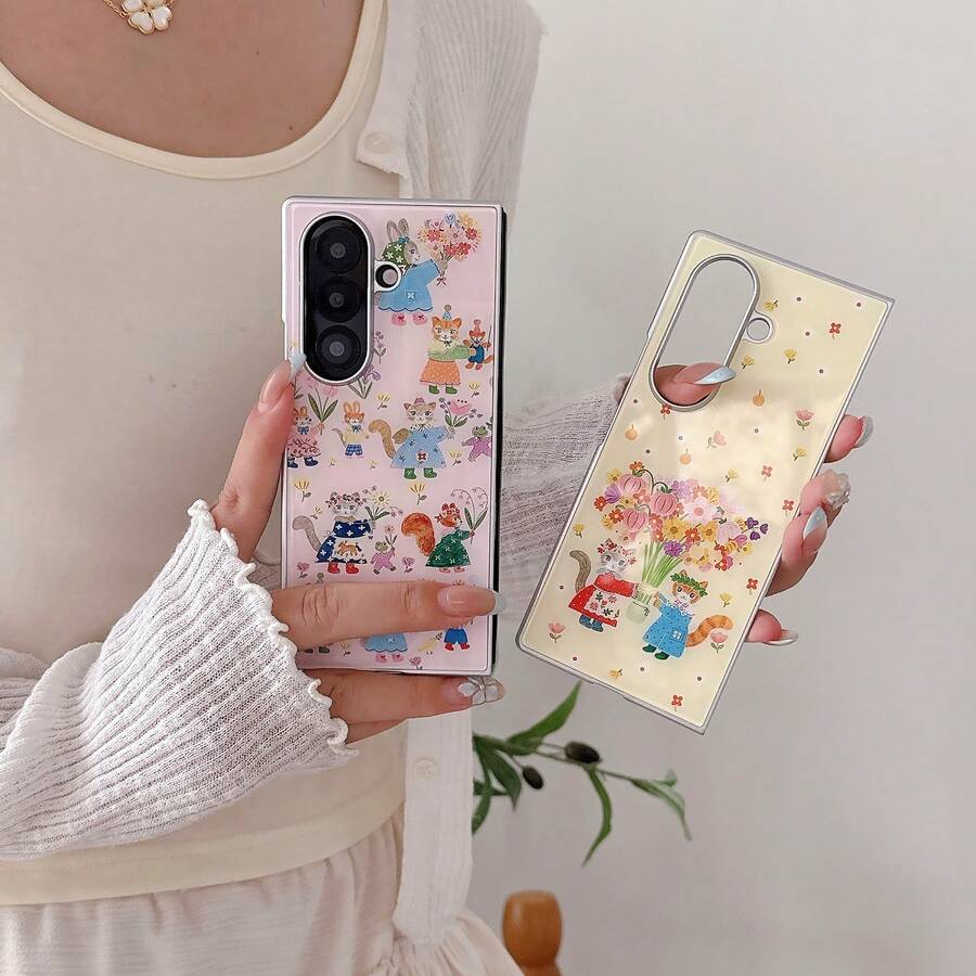 1个冰晶玻璃手机壳，花卉兔子图案，流行、可爱、轻巧、防震、防滑，适用于三星折叠屏手机，兼容Galaxy Z Flip7、Z Flip7FE、Z Flip6、Z Flip5、Z Fold7、Z Fold6、Z Fold5、Z Fold4，适合作为女孩礼物、毕业礼物或返校礼物。