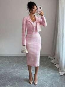 Conjunto de tweed de 2 piezas: Elegante chaqueta blazer de espiga + Vestido ajustado ajustado sin mangas, Conjunto elegante y femenino para primavera/otoño - Rosa Fucsia - Ver 5