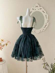 MOD Vestido estilo retro con estampado floral rosa y cinturón con lazo - Verde Oscuro - Ver 2