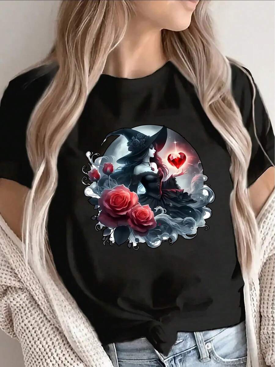 T-shirt único y exclusivo con diseño de bruja y rosas llenas de misterio ideal para amantes de la moda y el estilo y2k destaca tu personalidad con esta pieza única que marca y resalta tu individualidad en cada ocasión - Negro - Ver 1