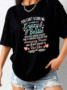 1 Funny Women's T-Shirt With The Phrase "You Can't Scare Me, I Have A Crazy Best Friend" - Soft And Breathable Black T-Shirt With Pink Lettering And Details, BFF Gift For Christmas, Birthday, Casual Crew Neck, Sizes S-180g, 100% Cotton. - 黑色 3 - 查看 3