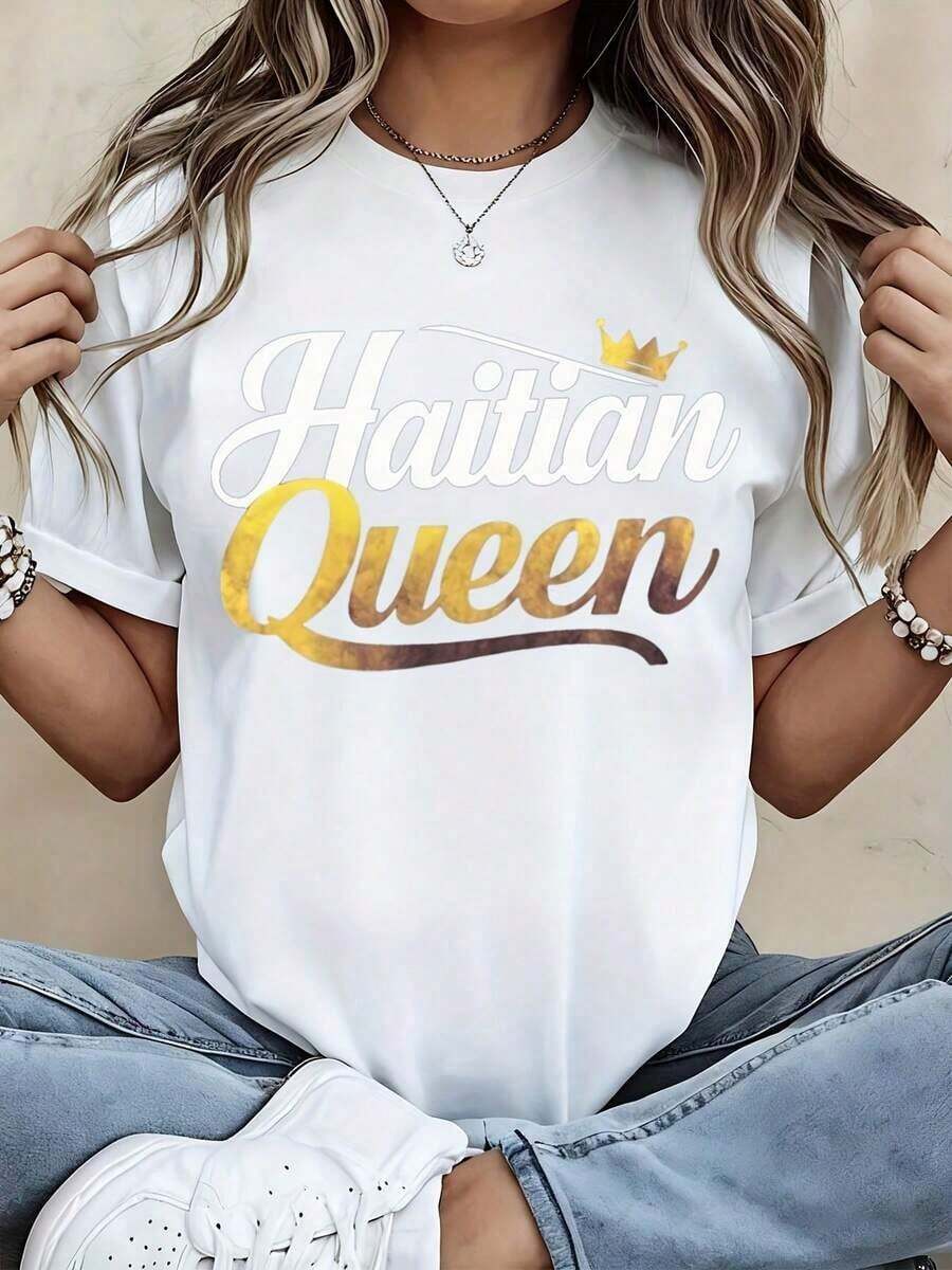 Camiseta Blanca con Estampado de Corona de Reina Haitiana - Ropa Casual para Mujer, Perfecta para Salidas Diarias, Fiestas o Celebraciones Culturales Adecuado como regalo. playera de mujer. blusas>elegantes. boho chic,Top de mujer suave, transpirable y cómodo, ideal para primavera, verano y otoño, perfecto para vacaciones, viajes y uso diario. - Blanco - Ver 1