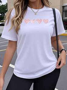 Camiseta de manga corta para mujer, estilo Y2K, sencilla y elegante, con cuello redondo, ropa casual para entrenamiento físico, diseño deportivo y moderno con estampado artístico de corazón. AXYF - Blanco - Ver 6