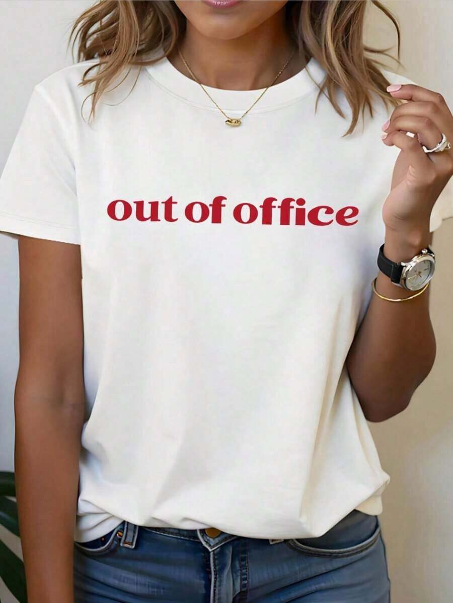 ComfortableModo Vacaciones: Camiseta de manga corta y cuello redondo para mujer con estampado "Fuera de la Oficina" para Primavera y VeranoFashion All-match Women's Short Sleeve T-shirt, Basic Style for Inner & Outer Wear - Blanco - Ver 1