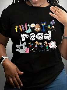 Vintage Style Cotton T-Shirt With Lisbon Slogan Print, Casual Loose Fit, Reading Teacher T-Shirt - Black Crew Neck With Fun Animal And Book Illustrations, Machine Washable, Thank You Gift For Kindergarten Teachers, Summer Clothes For Everyday Wear. - 黑色 - 查看 7