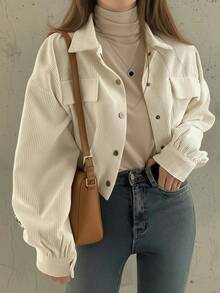 Chaqueta corta de mujer en caqui, blusa casual de estilo vintage utilitario, estilizante y alargadora, con dobladillo ajustable con cordón - Albaricoque - Ver 1