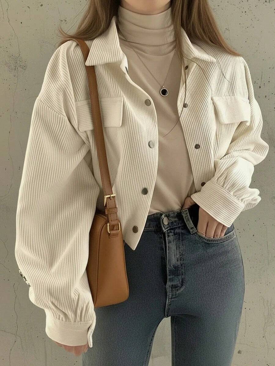 Chaqueta corta de mujer en caqui, blusa casual de estilo vintage utilitario, estilizante y alargadora, con dobladillo ajustable con cordón - Albaricoque - Ver 1