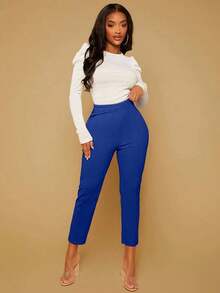Pantalones unicolor de talle alto - azul real - Ver 3