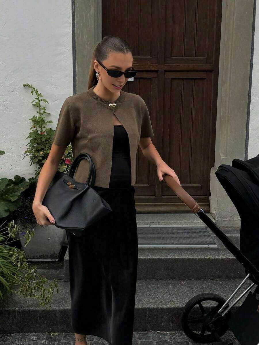 Cárdigan de punto de cuello redondo de unicolor de manga corta para mujer de Senya, ropa casual para mujer, conjunto de vacaciones de verano, blusa elegante, oficina, parte superior de punto de primavera/verano - Café integral - Ver 1