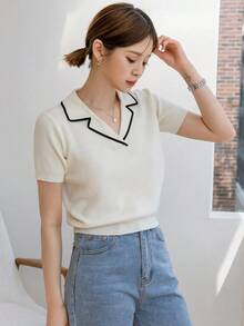 Top Tejido Con Cuello De Solapa Y Ribete En Contraste - Blanco - Ver 7