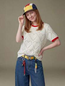 Blusa de punto holgada de cuello redondo y manga corta con diseño de corazón hueco y ribete de contraste en beige para mujer, suéter de manga corta para primavera/verano, últimas blusas de mujer, nuevas llegadas de blusas de punto para mujer - Beis - Ver 7