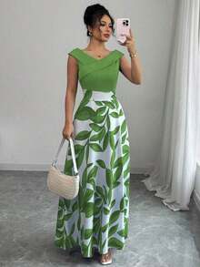 Vestido midi casual de estilo vacacional con escote en V, cintura y vuelo, en estampado azul de patchwork para mujer - Verde - Ver 3