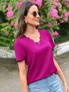Blusa con corte en forma de abanico y mangas abullonadas - Rojo violeta - Ver 7