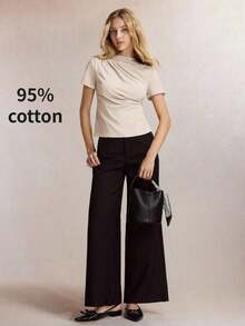 Camiseta de manga corta elegante de unicolor para mujer, casual de negocios para damas, maestras, oficina, escuela, top básico - Albaricoque - Ver 3