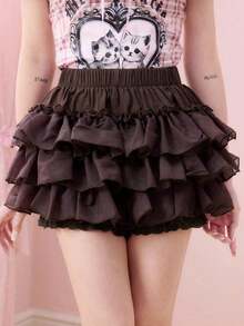 Kawaii Falda pantalón con volantes de color contrastante para mujer - Café integral - Ver 7