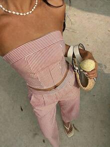 SunnyBelle Conjunto de top bandeau a rayas amarillas y pantalones pitillo de talle alto para mujer, conjunto de vestimenta versátil y de moda para calle y vacaciones, primavera/verano - Rojo - Ver 5