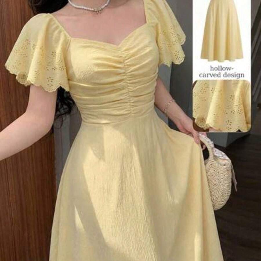 guang zhou mi qian shang mao Vestido elegante y romántico de manga corta, cintura recogida y plisado en A, de longitud media, en color amarillo tejido, para primavera/verano - Amarillo - Ver 1