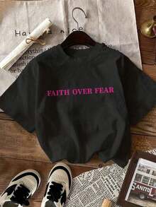 Camiseta "Fe por Encima del Miedo" para Mujer, Talla Grande, con Estampado de Letras "Fe por Encima del Miedo"|   Cuello Redondo, Manga Corta, Camiseta Casual Para Todas Las Temporadas - Camiseta Gráfica Unisex de Manga Corta con Cuello Redondo de Corte Regular - Albaricoque - Ver 9