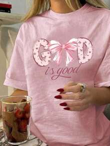 Camiseta de manga corta para mujer, color albaricoque, con estampado de eslogan, cuello redondo, nueva colección de verano, versátil y a la moda, adecuada para uso diario, top para damas en vacaciones. - Rosa Pálido - Ver 5