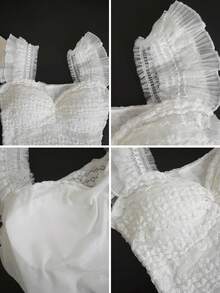 Áo tank top lửng tay loe nhún bèo kiểu dáng ngọt ngào dành cho bé gái, áo hai dây dệt kim màu trắng ôm sát, thích hợp cho mùa xuân/hè, mặc thường ngày, dự tiệc, ngày Valentine, hoặc mặc lớp giúp thon gọn vóc dáng. - trắng - Xem 8
