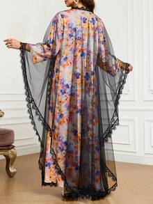 Women's Solid Color Mesh Contrast Lace Loose Arabic Abaya Black - Black - View 2