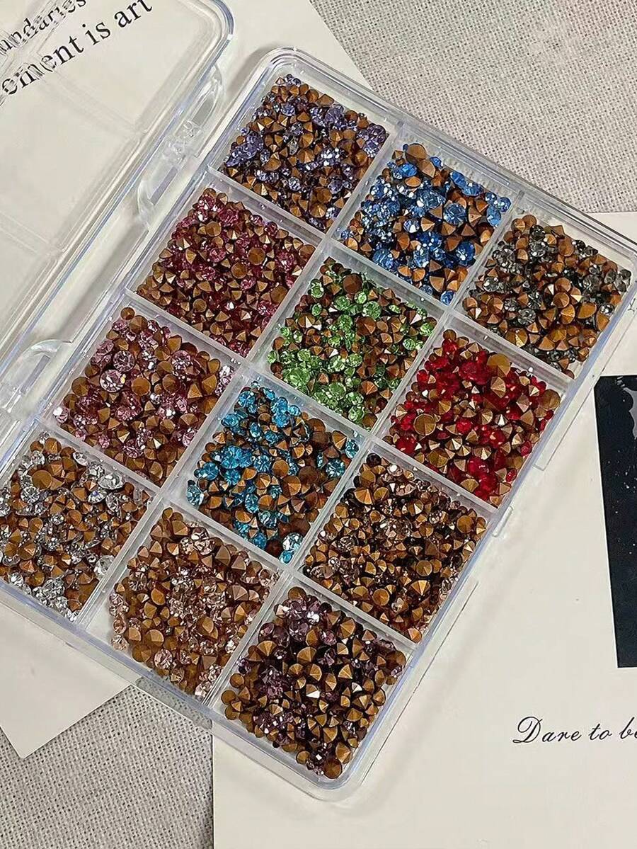1 caja de brillantes de fondo afilado y redondo de colores, decoraciones de arte de uñas de imitación checa, bolas de brillantes redondos multifacéticos y brillantes de colores surtidos - Multicolor - Ver 1