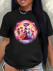 Camiseta de manga corta, ligera y resistente, con un vibrante diseño del "Día de los Muertos", perfecta para salidas informales en casa o en un restaurante, disponible en un corte cómodo.blusa casual mujer - Negro - Ver 7