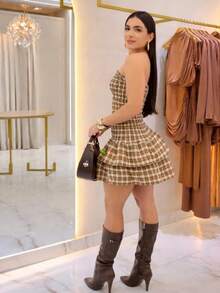 Strapless Checkered Dress -  Winter Fashion For Women - Comfortable - 駝色 - 查看 2