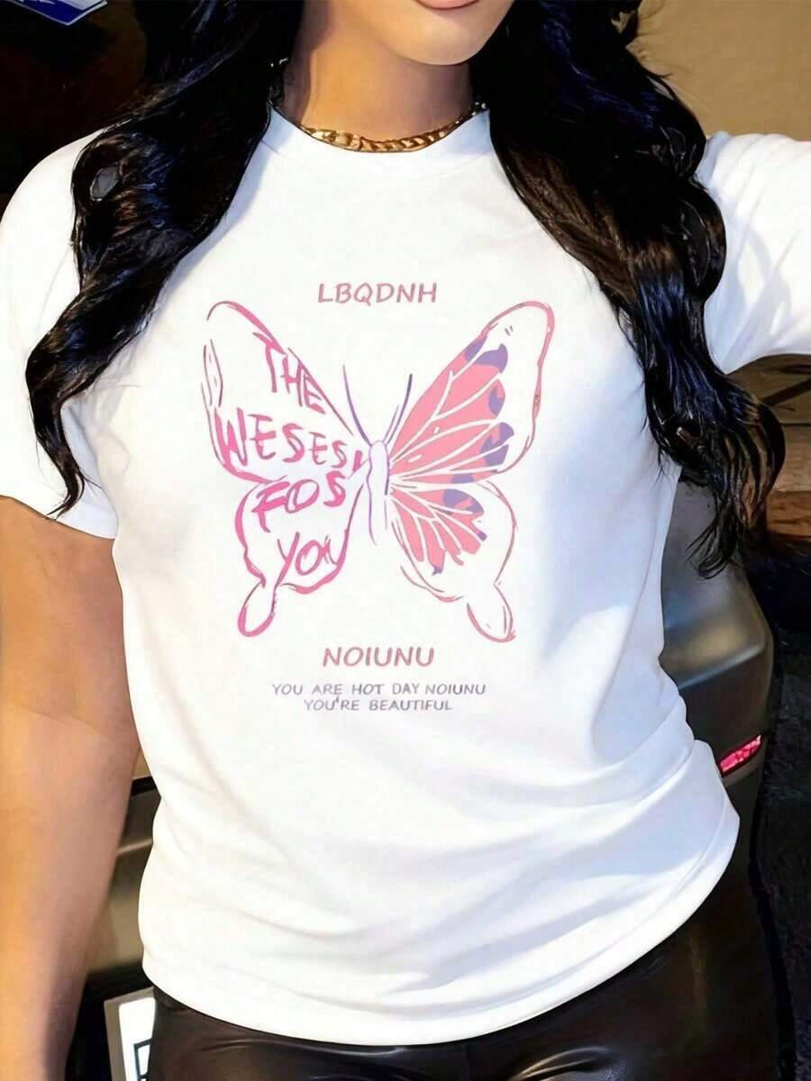 Under The RadarSLOY Women's Casual Long Sleeve T-Shirt With Butterfly Print - Summer Knit Sweater With Round Neck And Short Sleeves, Loose Fit Top - Unisex Vintage Urban Style Cotton Crew Neck Short Sleeve T-Shirt - 白色 - 查看 1