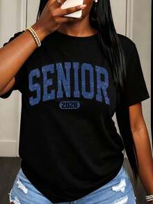 Camiseta de Mujer con Estampado "Senior 2026" para Uso Casual de Verano - Negro - Ver 1