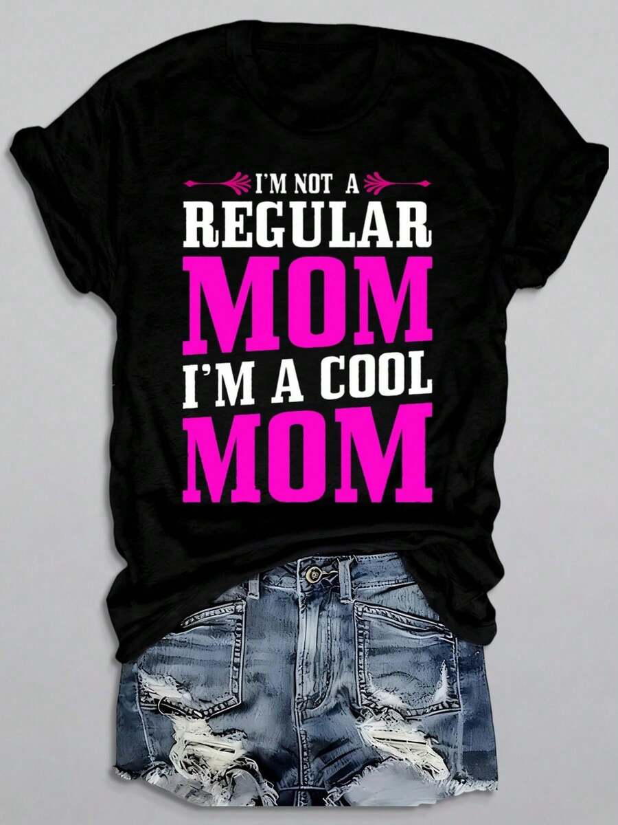 Camiseta estampada Cool Mom, camiseta de manga corta con cuello redondo para mujer, camiseta estampada informal negra, ropa de estilo urbano, corte regular, ropa informal para todas las estaciones, opción de regalo para el Día de la Madre. Top de manga corta cómodo y versátil. - Negro - Ver 1