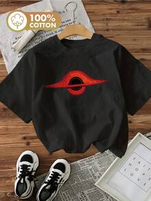 Camiseta pura de manga corta y cuello redondo con estampado de agujero negro y disco de acreción de ciencia ficción - Negro - Ver 2