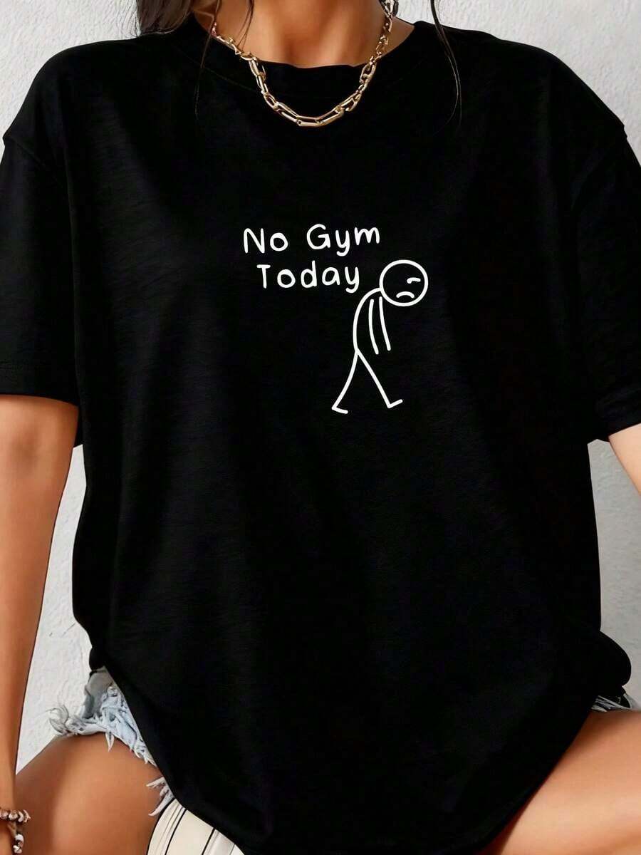 Funny Casual T-Shirt With Sad Stick Figure Design 'No To The Gym Today' For Fitness And Training, For Men And Women - 黑色 - 查看 1