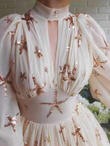 Vestido de Fiesta Gasa Cuello Alto Lentejuelas Mangas Farol Abertura Falda Amplia Estilo Europeo Elegante - Beis - Ver 4